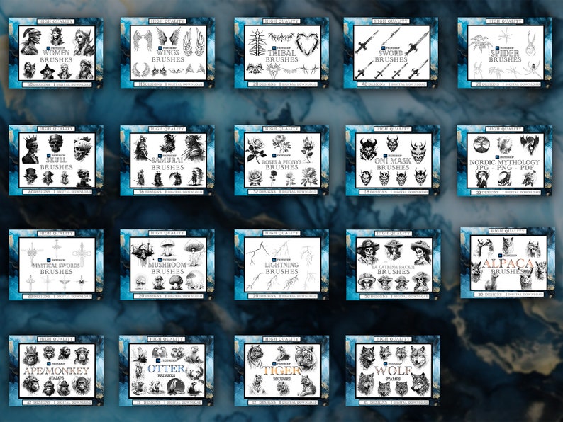 May include: A collection of 20 digital brush sets for graphic design. The brush sets feature various themes, including women, wings, tribal, swords, spiders, skulls, samurai, roses, oni masks, Nordic mythology, mystical swords, mushrooms, lightning, La Catrina, alpacas, ape monkeys, otters, tigers, and wolves. The brush sets are all in black and white and are designed for use in Adobe Photoshop.