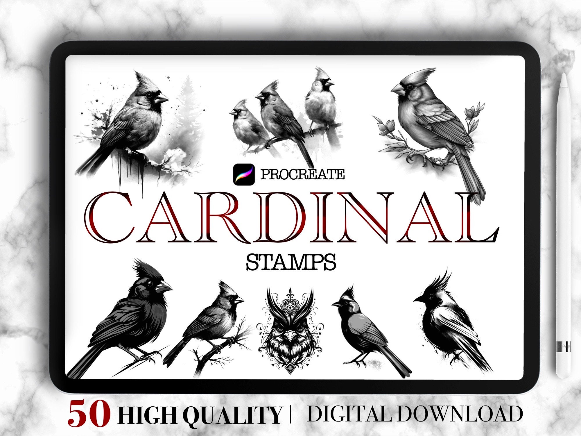 Cardinal Tattoo Stamps für Procreate – 50 einzigartige Kardinal-Porträt-Designs für iPad-Künstler