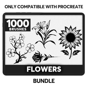 May include: A black and white digital illustration of a bundle of 1000 flower brushes for Procreate. The illustration includes a lily, sunflower, cherry blossom, and rose.