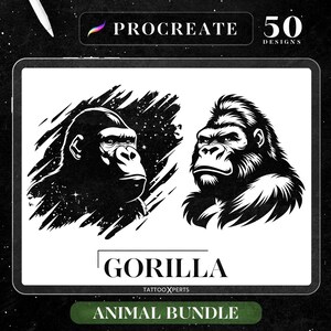 May include: Black and white illustration of two gorilla heads. The gorilla on the left is in a starry sky background. The gorilla on the right is on a white background. The text "GORILLA" is below the images. The text "TATTOOXPERS" is below the word "GORILLA". The text "ANIMAL BUNDLE" is below the text "TATTOOXPERS".