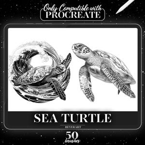 May include: A digital illustration of two sea turtles, one swimming in a wave and the other swimming in open water. The image is in black and white and has the text "SEA TURTLE REYERTART 50 brushes" at the bottom.