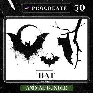 May include: A set of 50 Procreate brush designs featuring different silhouettes of bats. The designs are perfect for creating Halloween-themed artwork or adding a touch of spooky charm to any project.