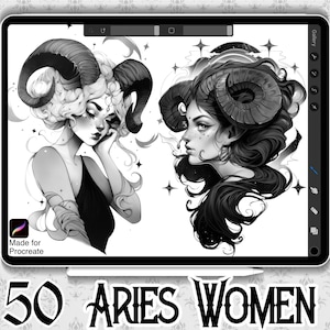 50 Aries Women Designs | INSTANT DOWNLOAD | Zodiac Sign Stamps |Procreate Brushes | Tattoo Design | Astrological Tattoo | Fantasy Designs