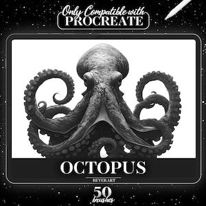 以下が含まれることがあります： プロクリエイト用のブラシ50本が付属した、タコを白黒で描いたイラスト。画像の下には「Octopus」と「REYERART」の文字があります。