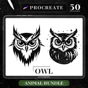 50 Owl Designs | INSTANT DOWNLOAD | Animal Stamps | Procreate Brushes | Tattoo Design | Flash | Silhouette | Commercial Use Allowed