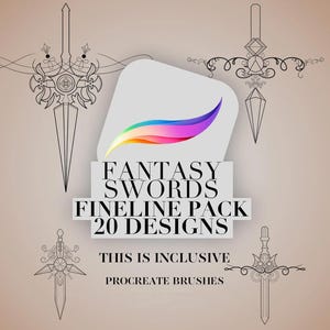May include: An illustration of fantasy swords fineline pack with 20 designs. The image features several detailed sword designs in a line art style, with decorative elements. The text on the image says "Fantasy Swords Fineline Pack 20 Designs" and "This is inclusive Procreate Brushes."
