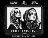 30 Veiled Women Portrait Tattoo Templates | Commercial Use (JPG Files)