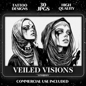 以下が含まれることがあります： ベールと濃いメイクをした2人の女性を描いた、高品質なタトゥーデザイン30点セット。デザインは白黒で、ゴシックな美しさがあります。画像には「Veiled Visions」と「TattooXperts」のテキストが含まれています。商用利用可能です。