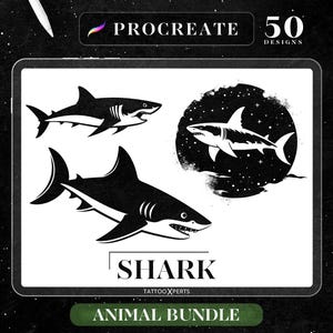 50 Shark Designs | INSTANT DOWNLOAD | Animal Stamps | Procreate Brushes | Tattoo Design | Flash | Silhouette | Commercial Use Allowed