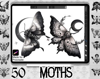 Puede incluir: Una ilustración digital de 50 diseños de polillas en blanco y negro sobre un fondo blanco. El texto "50 Moths" está en la parte inferior de la imagen. El texto "Made for Procreate" está en la esquina inferior izquierda de la imagen.