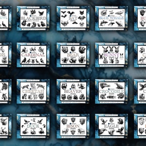 May include: A set of 20 digital stamps featuring black and white illustrations of various animals, including a blue peacock, blackbird, bat, blue whale, buffalo, chamois, cardinal, bear, bunny, camel, donkey, cheetah, beaver, crocodile, crow, elk, duck, bison, eagle, and lion.