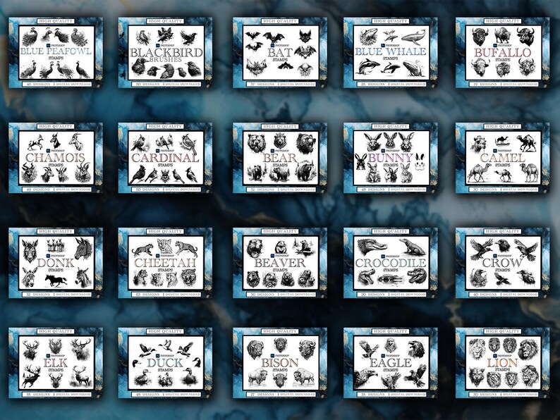 May include: A set of 20 digital stamps featuring black and white illustrations of various animals, including a blue peacock, blackbird, bat, blue whale, buffalo, chamois, cardinal, bear, bunny, camel, donkey, cheetah, beaver, crocodile, crow, elk, duck, bison, eagle, and lion.
