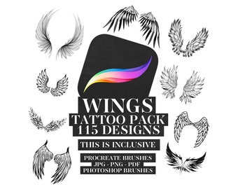 Procreate Wings Stamp Bundle | INSTANT DOWNLOAD | Bundle of 115 Photoshop Brushes | Wing Tattoo Stamp | Goth Graphics | Jpg Png Pdf Designs