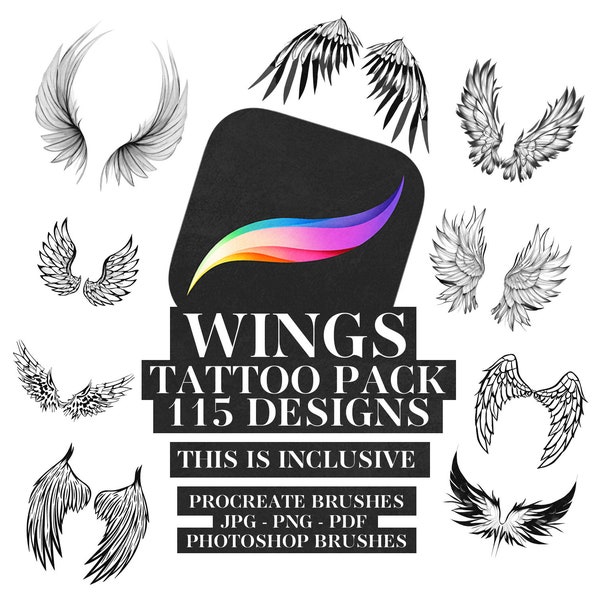 Procréer le paquet de timbres d’ailes | TÉLÉCHARGEMENT INSTANTANÉ | Lot de 115 pinceaux Photoshop | Timbre de tatouage d’aile | Graphiques gothiques | Dessins Jpg Png Pdf