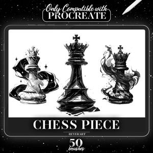 May include: A set of 50 Procreate brushes featuring black and white illustrations of chess pieces. The text "Chess Piece" and "REYERART" are displayed below the images. The number "50" is displayed in a circle with the word "brushes" below it.