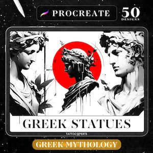 50 Greek Statues Tattoo Designs as Procreate Brushes | Greek Mythology Stamps | INSTANT DOWNLOAD | Template & Reference