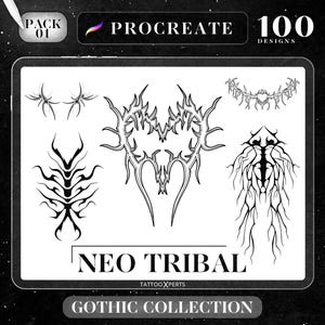 100 Neo Cyber Tribal Procreate Stamps | INSTANT DOWNLOAD | Gothic Tattoo Design Bundle | Dark Art Brushes | Commercial Use