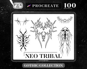 Op de afbeelding: Een digitaal kunstontwerp weergegeven op een tablet, met zwarte neo-tribal tattoo-ontwerpen. De ontwerpen omvatten verschillende vormen en patronen, met de tekst "PROCREATE" en "100 DESIGNS" zichtbaar. De woorden "NEO TRIBAL" en "GOTHIC COLLECTION" zijn ook aanwezig.