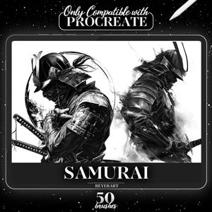 May include: A digital illustration of two samurai warriors in black and white, with the text "SAMURAI" and "REYERART" below the image. The text "50 brushes" is below the artist's name.