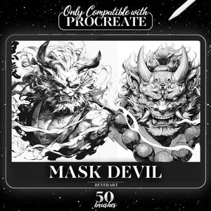May include: Black and white digital illustration of two masked demon figures with intricate details. The illustration is titled "MASK DEVIL REYERART 50 brushes".