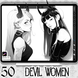 May include: Black and white digital illustration of two women with horns, one with long black hair and the other with long blonde hair. The text "50 DEVIL WOMEN" is at the bottom of the image.