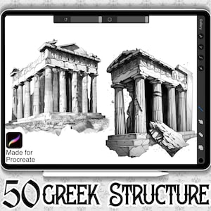 May include: A digital illustration of 50 Greek structures, including temples and columns, in black and white. The image is displayed on a tablet screen with the text "50 GREEK STRUCTURE" and "Made for Procreate" at the bottom.