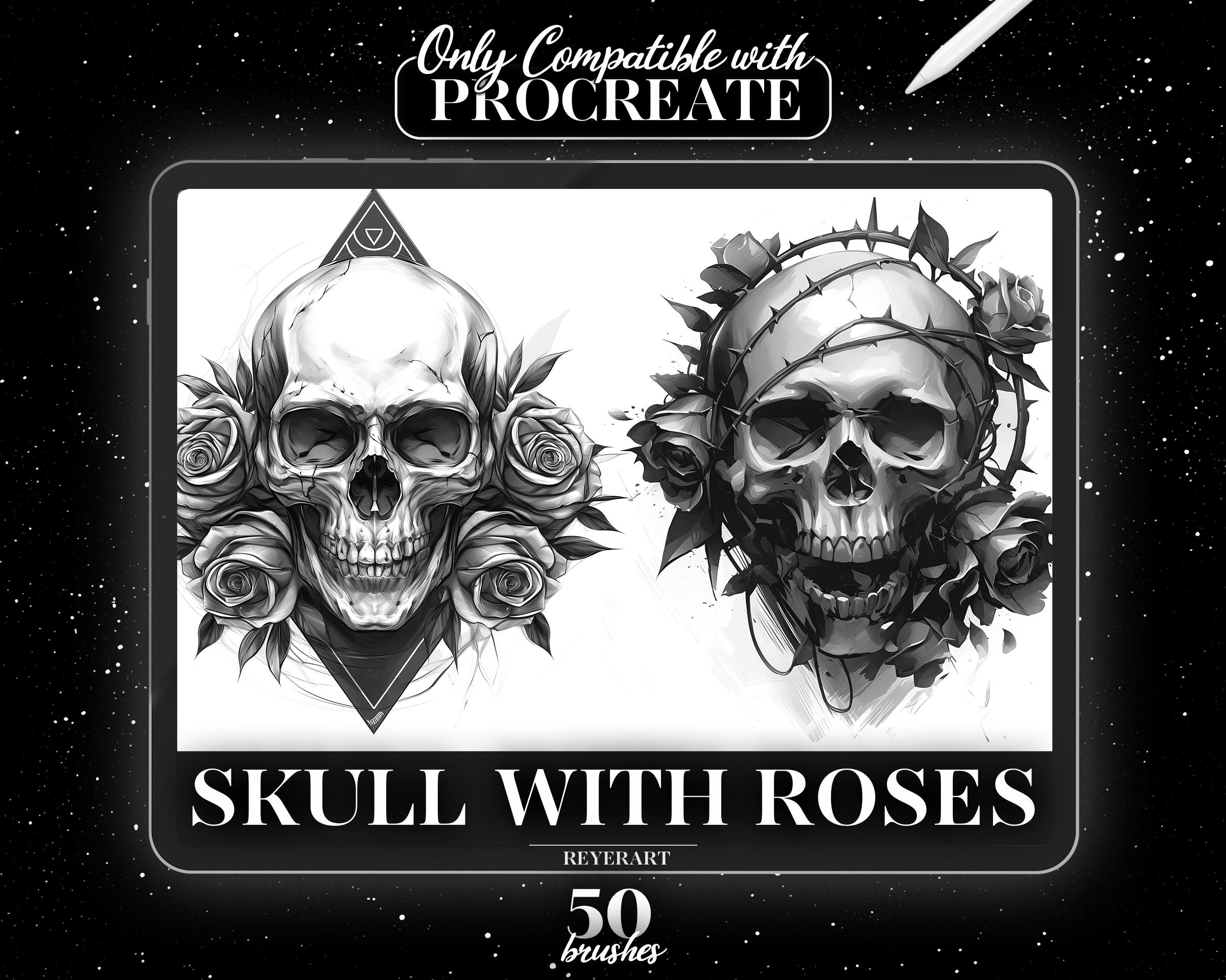 Skull With Roses Procreate Brush Set | 50 Gothic Tattoo Designs - Etsy