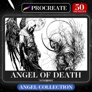 Op de afbeelding: Zwart-witte digitale illustratie van een doodengel met vleugels. De engel draagt een gewatteerde kap en heeft een schedelvormig gezicht. De tekst "Angel of Death" en "TattooXperts" staat onder de afbeelding. De tekst "Angel Collection" staat onderaan de afbeelding.