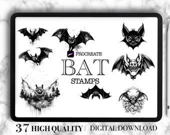 Bat Procreate Stamps - 37 tatueringsillustrationsdesigner (digital nedladdning)