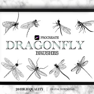 May include: A digital download of 20 high-quality Procreate dragonfly brushes. The image shows a variety of dragonfly illustrations in black and white.