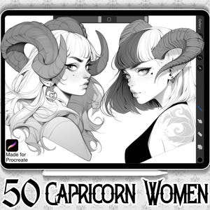 山羊座の女性デザイン 50 選 | 即時ダウンロード | 星座スタンプ | Procreate ブラシ | タトゥー デザイン | 占星術タトゥー | 商用利用