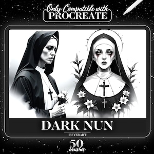 May include: A digital illustration of two nuns, one in black and white and the other in a dark gray, with a floral background. The text "DARK NUN" is displayed in large letters at the bottom of the image. The text "REYERART" is displayed in smaller letters below the text "DARK NUN". The text "50 brushes" is displayed in large letters below the text "REYERART".