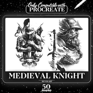 May include: A digital illustration of two medieval knights, one holding a sword and the other holding a shield. The illustration is in black and white and has a textured background. The text "Medieval Knight" is written in large letters at the bottom of the image. The text "50 brushes" is written in smaller letters below the title. The text "Only Compatible with Procreate" is written in the top left corner of the image.