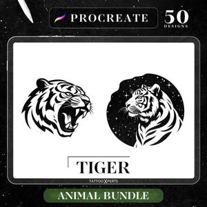 50 Tiger Designs | INSTANT DOWNLOAD | Animal Stamps | Procreate Brushes | Tattoo Design | Flash | Silhouette | Commercial Use Allowed