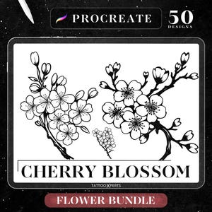 50 種類の桜のデザイン | 即時ダウンロード | 花柄スタンプ | Procreate ブラシ | タトゥー デザイン | アウトライン 日本語 | 商用利用可