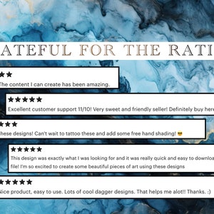 May include: Five-star reviews for digital art designs. The reviews highlight the quality of the designs, the ease of use, and the excellent customer service. The text includes the phrase "Grateful for the rating".