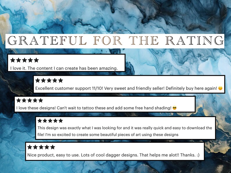 May include: Five-star reviews for digital art designs. The reviews highlight the quality of the designs, the ease of use, and the excellent customer service. The text includes the phrase "Grateful for the rating".