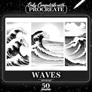 Könnte beinhalten: Eine digitale Illustration von Wellen in Schwarzweiß. Das Bild ist in drei Abschnitte unterteilt, die jeweils ein anderes Wellenmuster zeigen. Der Text "WAVES" wird in großen, fetten Buchstaben am unteren Rand des Bildes angezeigt, darunter der Text "REYERART" und "50 brushes".