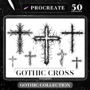 Puede incluir: Un conjunto de 50 diseños de cruces góticas para Procreate. Las cruces son en blanco y negro y presentan un diseño espinoso. El texto "Gothic Cross" y "Gothic Collection" también está incluido en la imagen.