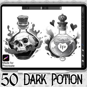 May include: Two black and white illustrations of potion bottles. The first bottle has a skull inside and the second bottle has a heart with the word "ito" inside. The text "50 DARK POTION" is at the bottom of the image.