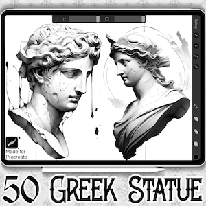 以下が含まれることがあります： 白黒のギリシャ彫刻のデジタルイラスト。男性と女性の彫刻が描かれており、リアルなスタイルで複雑なディテールが表現されています。背景は白で、黒い塗料の飛沫が散らばっています。画像の下部には「50 GREEK STATUE」というテキストが表示されています。