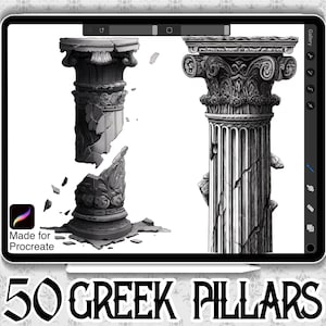 May include: A digital illustration of 50 Greek pillars in black and white. The pillars are in various states of repair, some are broken and some are intact. The image is on a digital tablet screen with the text "Made for Procreate" and "50 Greek Pillars".