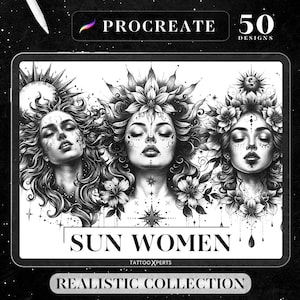 50 Sun Women Designs | INSTANT DOWNLOAD | Realistic Stamps | Procreate Brushes | Tattoo Design | Women Portrait | Commercial Use Allowed