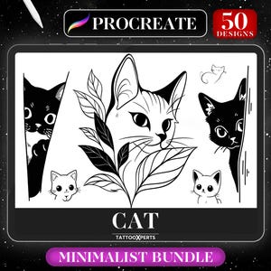 50 Cat Tattoo Designs | INSTANT DOWNLOAD | Minimalism Stamps | Procreate Brushes | Flash Reference | Commercial Use Allowed