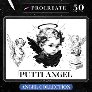 Puede incluir: Un conjunto de tres ilustraciones digitales en blanco y negro de querubines, o ángeles putti, con halos. Las ilustraciones son de estilo vintage y son perfectas para usar en arte digital, scrapbooking u otros proyectos creativos. El texto "PUTTI ANGEL" está en la parte inferior de la imagen.