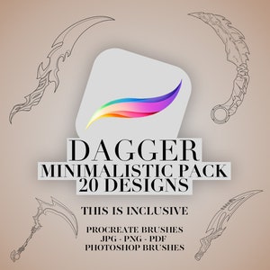 May include: A digital illustration of 20 minimalist dagger designs. The image includes the text "DAGGER MINIMALISTIC PACK 20 DESIGNS" and "THIS IS INCLUSIVE PROCREATE BRUSHES JPG-PNG- PDF PHOTOSHOP BRUSHES".