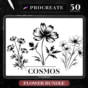 May include: Black and white illustration of cosmos flowers. The illustration is part of a Procreate flower bundle with 50 designs. The text "Cosmos" and "TattooXperts" is included in the image.