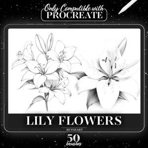 Peut inclure: Une illustration numérique de deux fleurs de lys dessinées en noir et blanc sur un fond blanc. Le texte "Lily Flowers" est sous l'image. Le texte "REYERART" est sous le texte "Lily Flowers". Le texte "50 brushes" est sous le texte "REYERART".