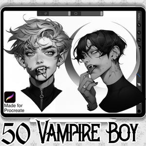 May include: Black and white digital illustration of two vampire boys with fangs. The image is labeled "50 Vampire Boy" and "Made for Procreate".