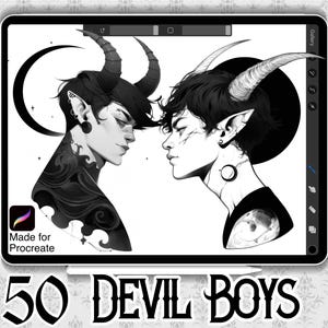 May include: Black and white digital illustration of two devil boys with horns and tattoos. The image is on a tablet screen with the text "Made for Procreate" and "50 Devil Boys" below the image.